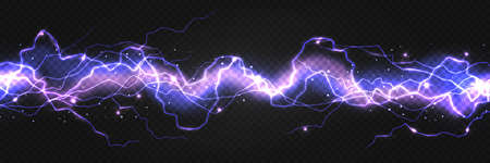Realistic lightning powerful discharge on dark background. Electric wave from side to side. Thunder shock effect, bright blazing thunder light strike in darkness. Vector 3d illustration of energy flowのイラスト素材