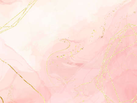 Abstract dusty pink liquid watercolor background with golden polygonal lines. Pastel marble alcohol ink drawing effect. Vector illustration design template for wedding invitationのイラスト素材