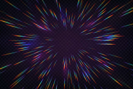Rainbow halo rays isolated on dark transparent background. Holographic lens flare reflections....