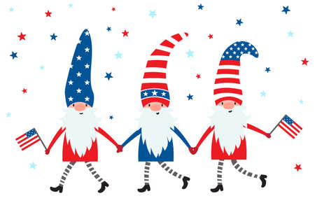 4th of July. USA patriotic gnomes in colors of American flag, with stars and stripes. Cute garden gnome for celebration Independence, Memorial, Presidents day. National Freedom holiday symbolのイラスト素材