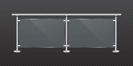 Glass fence section with steel railing. Transparent acrylic fencing handrail balustrade with metal banister.のイラスト素材