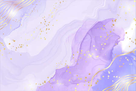 Abstract purple liquid watercolor background with golden stain and lines. Violet geode hand drawn flow alcohol ink effect. Vector illustration design template for wedding invitationのイラスト素材