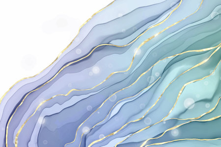Abstract dusty violet and blue liquid marbled watercolor background with wave pattern and golden cracks. Pastel marble alcohol ink drawing effect. Vector illustration design template for invitationのイラスト素材
