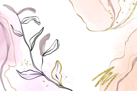 Abstract dusty pink and blush liquid watercolor background with branch and gold foil elements. Pastel alcohol ink drawing effect with golden stains. Vector illustration of botanical elegant wallpaperのイラスト素材
