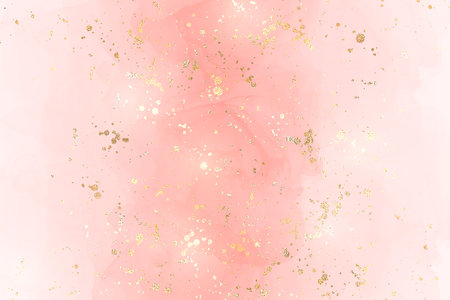 Abstract pink liquid watercolor background with golden confetti. Pastel blush marble alcohol ink drawing effect and golden foil dust. Vector illustration design template for wedding invitationのイラスト素材