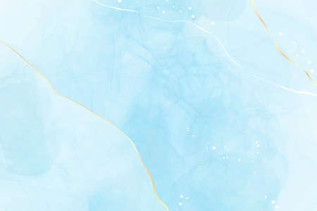 Turquoise and teal blue liquid watercolor background with golden glitter lines. Pastel cyan marble alcohol ink drawing effect with gold foil cracks. Vector illustration of abstract fluid art backdropのイラスト素材