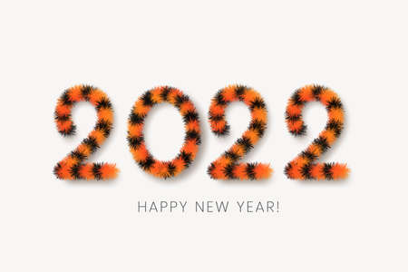 Happy Chinese New Year 2022. Black-orange fluffy numbers, looking like tiger fur. Tiger is zodiac sign symbol of 2022 year. Design element for poster, card, calendar, banner. Vector illustrationのイラスト素材