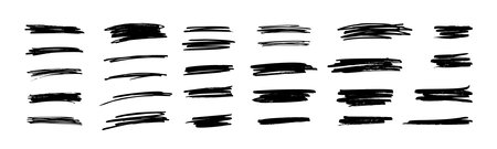 Hand drawn grunge brush strokes set. Black paint distress ink brushstrokes. Vector paint smears. Collection of watercolor paintbrush texturesのイラスト素材