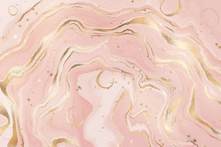 Abstract dusty rose liquid marble or watercolor background with glitter foil textured stripes. Pastel marbled alcohol ink drawing effect. Vector illustration design template for wedding invitationのイラスト素材