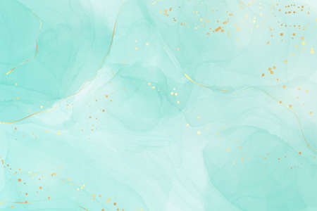 Pastel cyan mint liquid marble watercolor background with gold lines and brush stains. Teal...