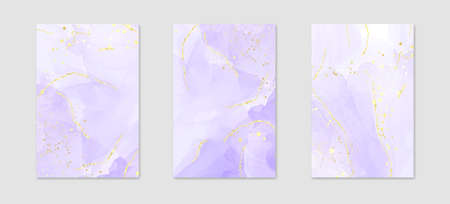 Abstract luxury lavender liquid watercolor background with golden cracks. Pastel violet marble alcohol ink drawing effect. Vector illustration design template for wedding invitationのイラスト素材