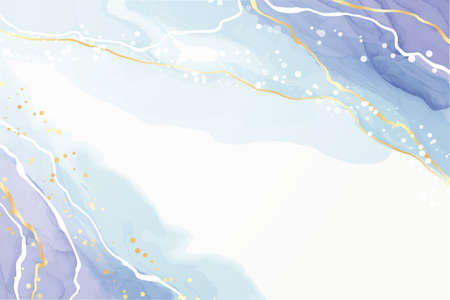 Turquoise and teal blue liquid watercolor background with golden glitter lines. Pastel cyan marble alcohol ink drawing effect with gold foil cracks. Vector illustration of abstract fluid art backdropのイラスト素材