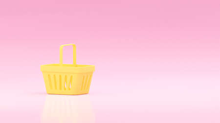 Grocery yeelow basket isolated on blush pink background. Empty supermarket cart. Concept of market event, sale festival, online shopping, digital marketing. 3d render illustration of shopping basketの写真素材