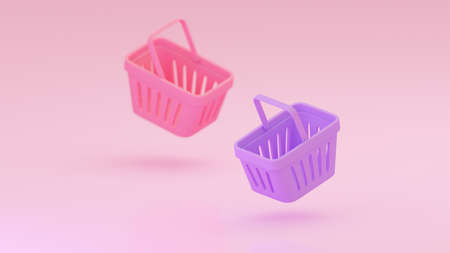 Two grocery baskets isolated on blush pink background. Empty supermarket cart. Concept of market event, sale festival, online shopping, digital marketing. 3d render illustration of shopping basketの写真素材