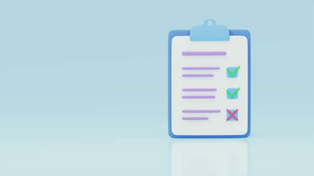 Checklist on clipboard paper, 3d render illustration. Notebook with checked tasks. Concept of online...