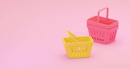 Two grocery baskets isolated on blush pink background. Empty supermarket cart. Concept of market event, sale festival, online shopping, digital marketing. 3d render illustration of shopping basketの写真素材