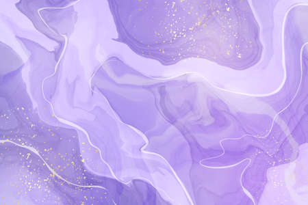 Abstract luxury lavender liquid watercolor background with golden stains. Pastel violet marble alcohol ink drawing effect. Vector illustration design template for wedding invitationのイラスト素材