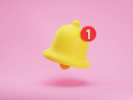 3d render icon of matte yellow notification bell with one new message isolated on pink background. Social media notice event reminder. 3d rendering illustration, concept of notification messageの写真素材