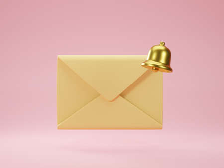 Mail envelope with golden notification bell isolated on pink background. 3d render of new e-mail message notice icon. Concept of subscription to newsletter. 3d rendering illustration of messageの写真素材