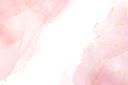 Abstract rose blush liquid watercolor background with golden lines, dots and stains. Pastel marble alcohol ink drawing effect. Vector illustration design template for wedding invitationのイラスト素材