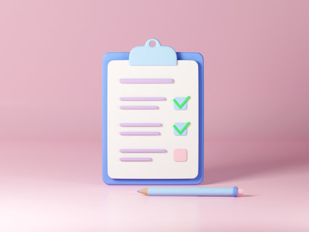 Checklist on clipboard paper, 3d render illustration. Notebook with checked tasks. Concept of online survey, exam note, business contract, research form, evaluation document, questionnaireの写真素材