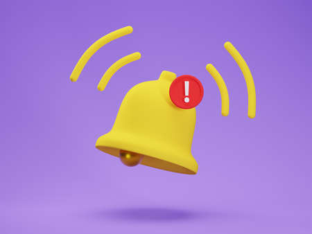 3d render icon of matte yellow notification bell with one new message isolated on purple background....
