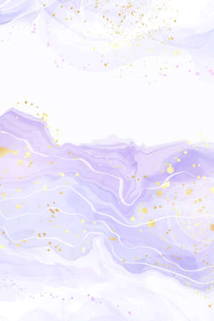 Abstract luxury lavender liquid watercolor background with golden stains. Pastel violet marble alcohol ink drawing effect. Vector illustration design template for wedding invitationのイラスト素材