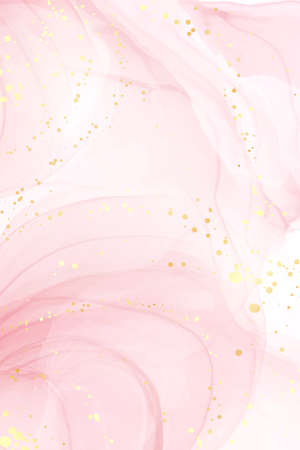 Abstract rose blush liquid watercolor background with golden lines, dots and stains. Pastel marble alcohol ink drawing effect. Vector illustration design template for wedding invitationのイラスト素材