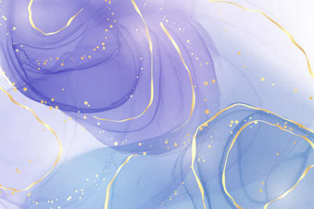 Abstract purple liquid watercolor background with golden stain and lines. Violet geode hand drawn flow alcohol ink effect. Vector illustration design template for wedding invitationのイラスト素材