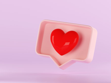 3d like heart icon in pastel pink speech bubble box. Notification element in social media, symbol of love, adding in favorite. Concept of communication in social networkの写真素材