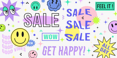 Cool abstract collage of sale banner with hipster stickers of smile face in acid design. Retro pop...