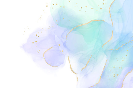 Mint, violet and turquoise liquid watercolor background with golden glitter brushstrokes and lines. Elegant fluid marble alcohol ink drawing effect with golden stains. Vector illustration for weddingのイラスト素材