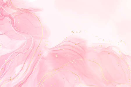 Pastel rose pink liquid watercolor background with golden cracks. Blush marble alcohol ink drawing effect. Vector illustration design template for wedding invitation, menu, rsvpのイラスト素材