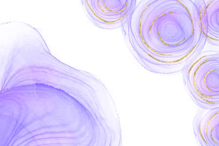 Abstract luxury lavender liquid watercolor looking like roses and golden glitter lines. Pastel violet marble alcohol ink drawing effect. Vector illustration design template for wedding invitationのイラスト素材
