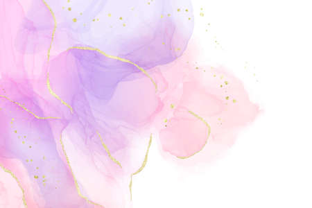 Purple rose and lavender liquid marble background with gold stripes and glitter dust. Pastel pink violet watercolor drawing effect. Vector illustration backdrop with gold splatterのイラスト素材