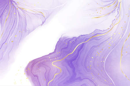 Purple lavender liquid watercolor background with golden lines. Pastel violet marble alcohol ink drawing effect. Vector illustration design template for wedding invitation, menu, rsvpのイラスト素材