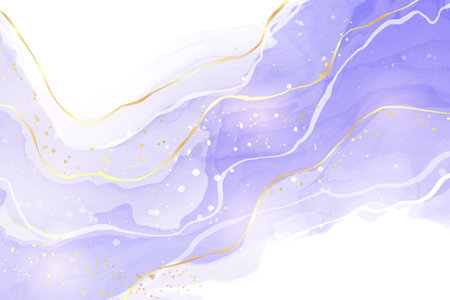 Purple lavender liquid watercolor background with golden lines. Pastel violet marble alcohol ink drawing effect. Vector illustration design template for wedding invitation, menu, rsvpのイラスト素材
