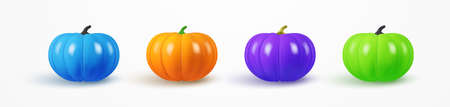 Colorful pumpkins isolated on white background. 3d vector realistic illustration of squash. 3d render object, design element for autumn banner, halloween poster, thanksgiving cardのイラスト素材