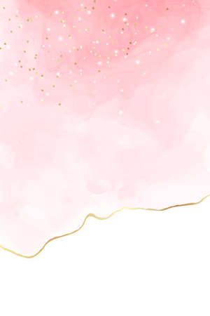 Pastel rose pink liquid watercolor background with golden cracks. Blush marble alcohol ink drawing effect. Vector illustration design template for wedding invitation, menu, rsvpのイラスト素材