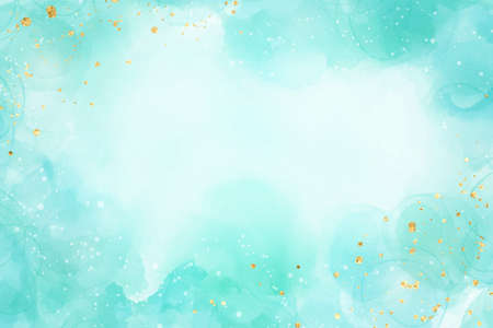 Pastel cyan mint liquid marble watercolor background with gold glitter brush stains. Teal turquoise marbled alcohol ink drawing effect. Vector illustration backdrop, watercolour wedding invitationのイラスト素材
