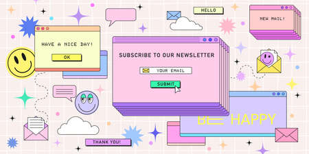 Subscribe newsletter web banner template in retro computer interface style. Retrowave design for...