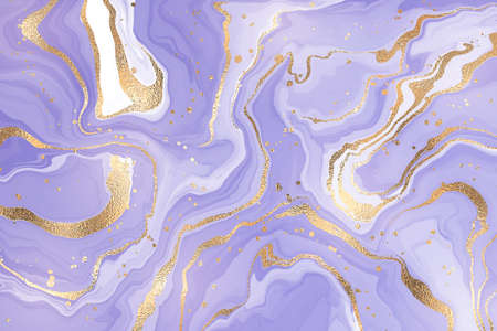 Abstract lavender liquid marbled watercolor background with golden lines and stains. Violet marble alcohol ink drawing effect with gold metallic. Vector illustration for wedding invitationのイラスト素材