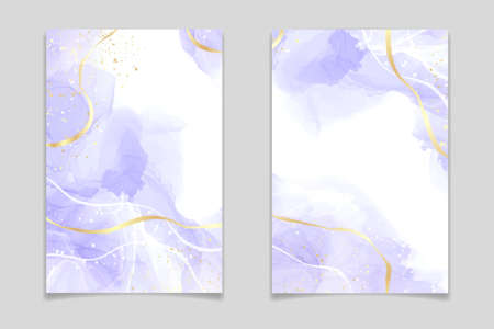 Purple lavender liquid watercolor background with golden lines. Pastel violet marble alcohol ink drawing effect. Vector illustration design template for wedding invitation, menu, rsvpのイラスト素材