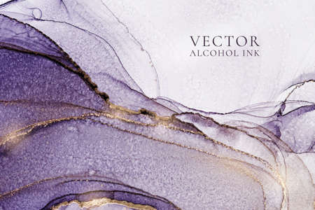 Purple marble with gold stripes alcohol ink painting. Luxury violet black watercolor background with golden brush strokes. Vector illustration of grey watercolour art design for wedding invitationの写真素材