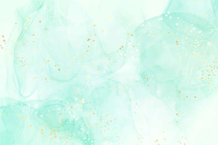 Pastel cyan mint liquid marble watercolor background with gold dots, brush stains. Teal turquoise...