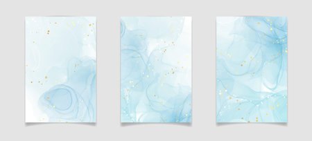 Pastel cyan navy liquid marble watercolor background with gold brush stains. Teal turquoise marbled alcohol ink drawing effect. Vector illustration backdrop, watercolour wedding invitation, rsvpのイラスト素材