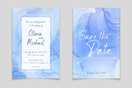 Abstract turquoise and teal blue liquid marbled watercolor background with wave pattern and golden cracks. Cyan alcohol ink marbled drawing effect. Vector illustration design template for invitationのイラスト素材