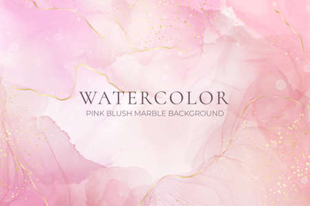 Rose pink liquid watercolor background with golden dots. Dusty blush marble alcohol ink drawing effect. Vector illustration design template for wedding invitation, menu, rsvpのイラスト素材