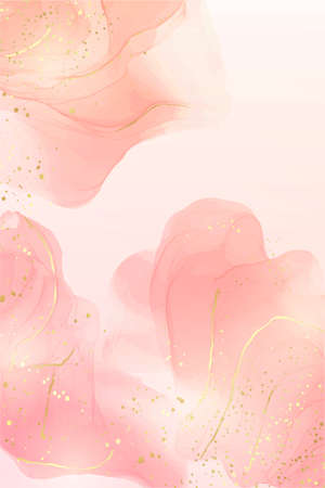 Rose pink liquid watercolor background with golden dots. Dusty blush marble alcohol ink drawing effect. Vector illustration design template for wedding invitation, menu, rsvpのイラスト素材