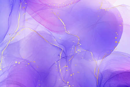 Violet lavender liquid watercolor marble background with golden lines. Pastel purple periwinkle alcohol ink drawing effect. Vector illustration design template for wedding invitation, menu, rsvpのイラスト素材